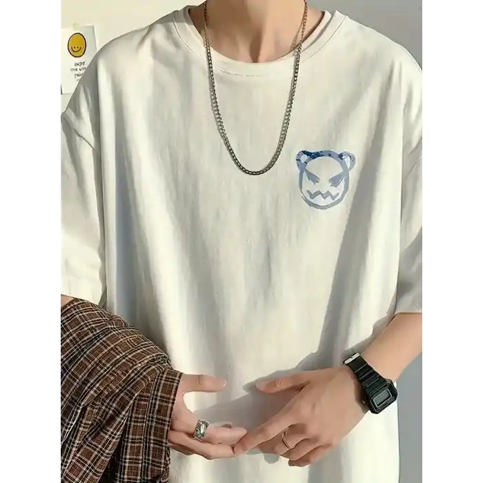 20/1 Penye Compack Bisiklet Yaka Kore tarzı sevimli ayı baskı Kısa Kol Erkek t-shirt - Beyaz