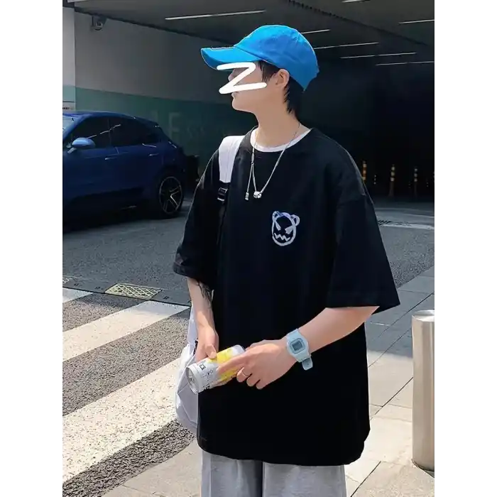 20/1 Penye Compack Bisiklet Yaka Kore tarzı sevimli ayı baskı Kısa Kol Erkek t-shirt - Siyah