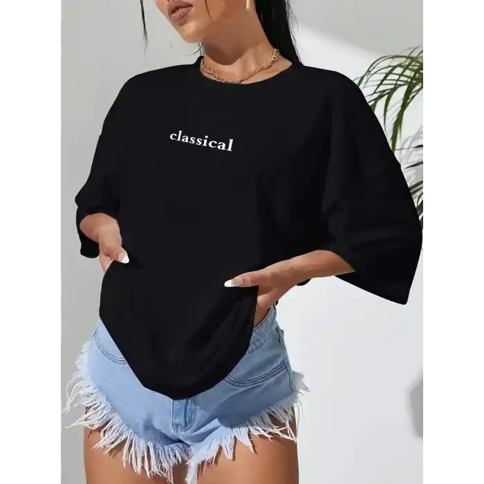 20/1 Penye Compack Classical Baskılı Siyah Oversize Tişort - Siyah