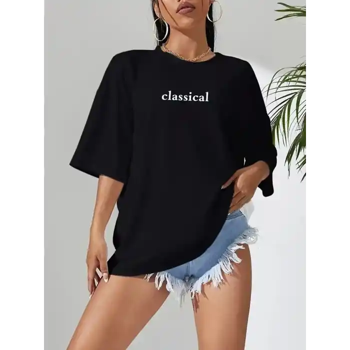 20/1 Penye Compack Classical Baskılı Siyah Oversize Tişort - Siyah