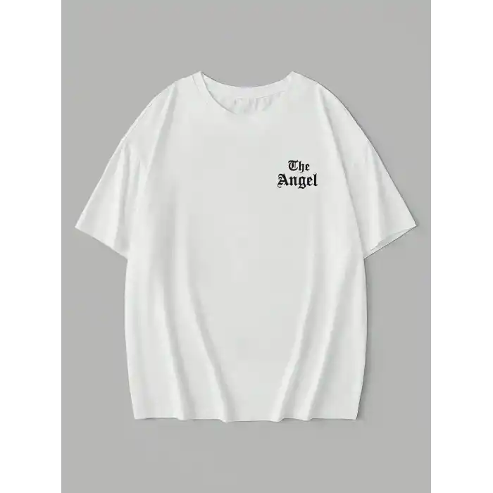 20/1 Penye Compack Dark Angel Baskılı Oversize Kısa Kol Yazlık T-shirt- Beyaz