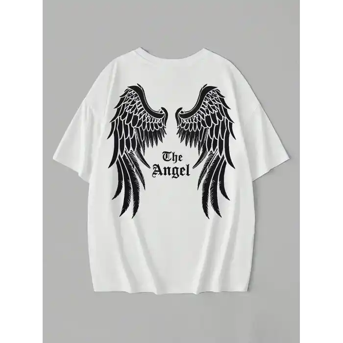 20/1 Penye Compack Dark Angel Baskılı Oversize Kısa Kol Yazlık T-shirt- Beyaz