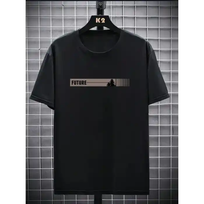 20/1 Penye Compack FUTRE Baskılı Oversize Kısa Kol Bisiklet Yaka T-shirt - Siyah