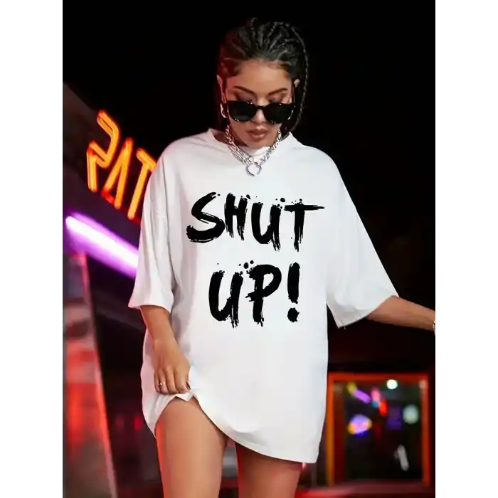 20/1 Penye Compack Oversize Beyaz Shut Up Kısa Kol Yazlık Tişört - Beyaz