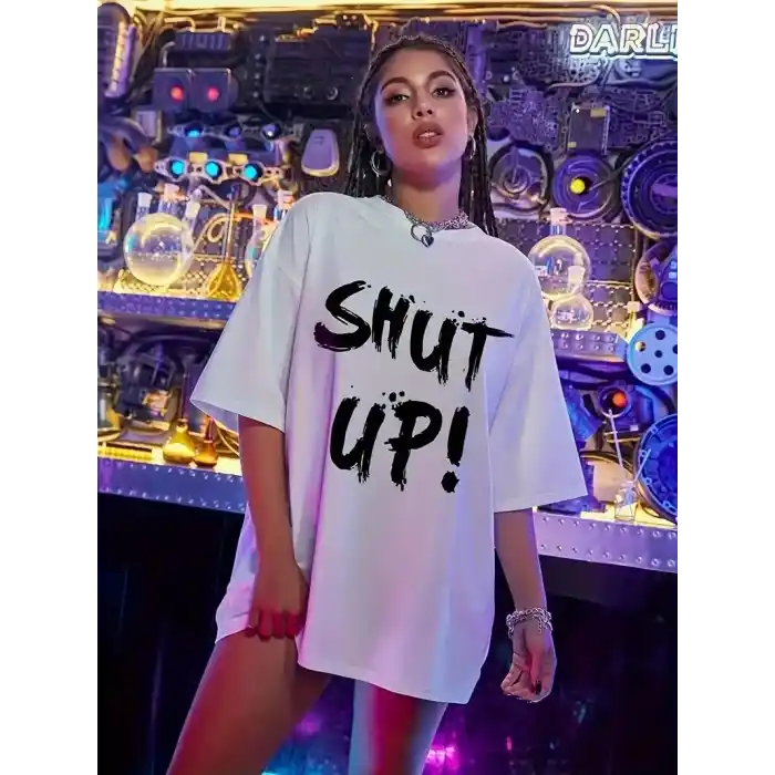 20/1 Penye Compack Oversize Beyaz Shut Up Kısa Kol Yazlık Tişört - Beyaz