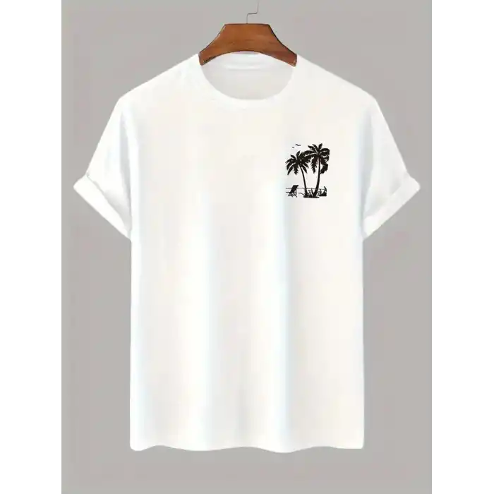 20/1 Penye Compack Palmiye Ön Baskılı Oversize Bisiklet Yaka Kısa Kol Yazlık T-shirt - Beyaz