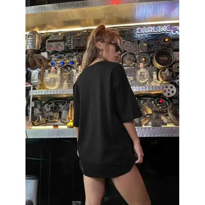 20/1 Penye Compack Shut up Baskılı Oversize Bisiklet Yaka Kısa Kol T-shirt - Siyah