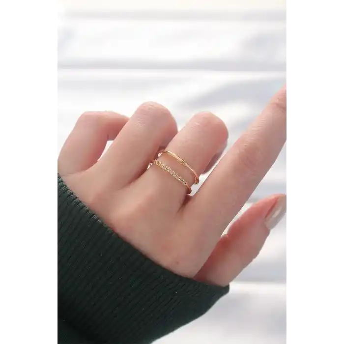 2li Görünümlü Su Yolu Tasarımlı Gold Renk Ayarlanabilir Yüzük