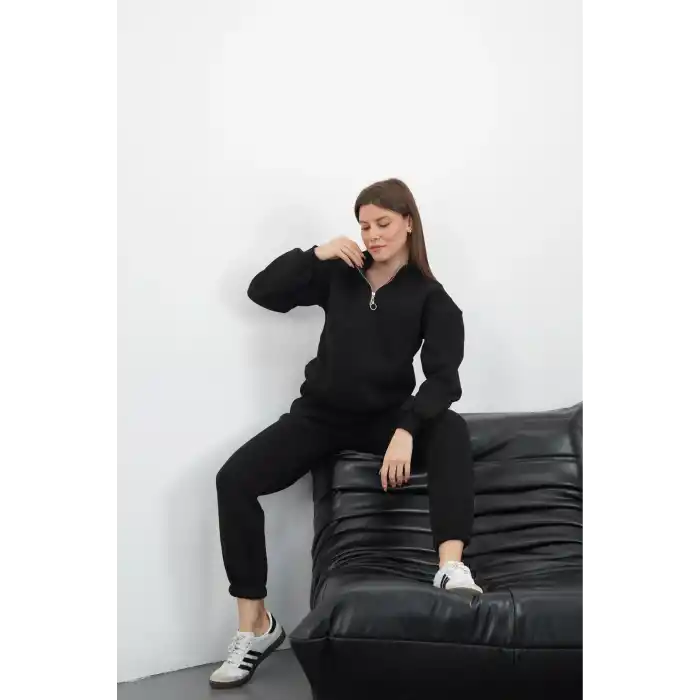 3 iplik içi Şardonlu yarım fermuarlı alt üst takım siyah