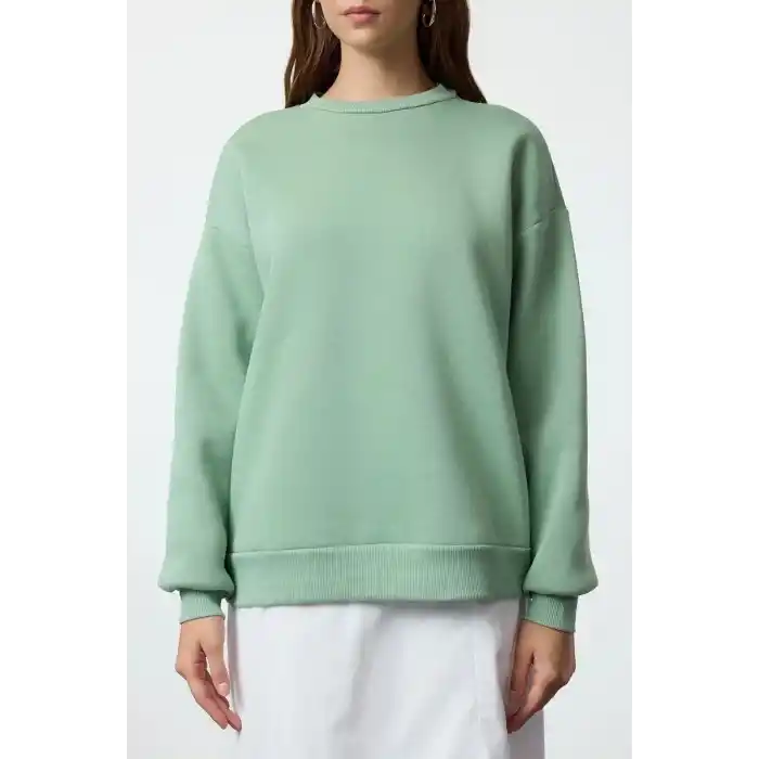 3 iplik şardonlu bisiklet yaka sweatshirt mint