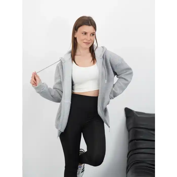 3 iplik şardonlu fermuarlı kapşonlu hırka gri