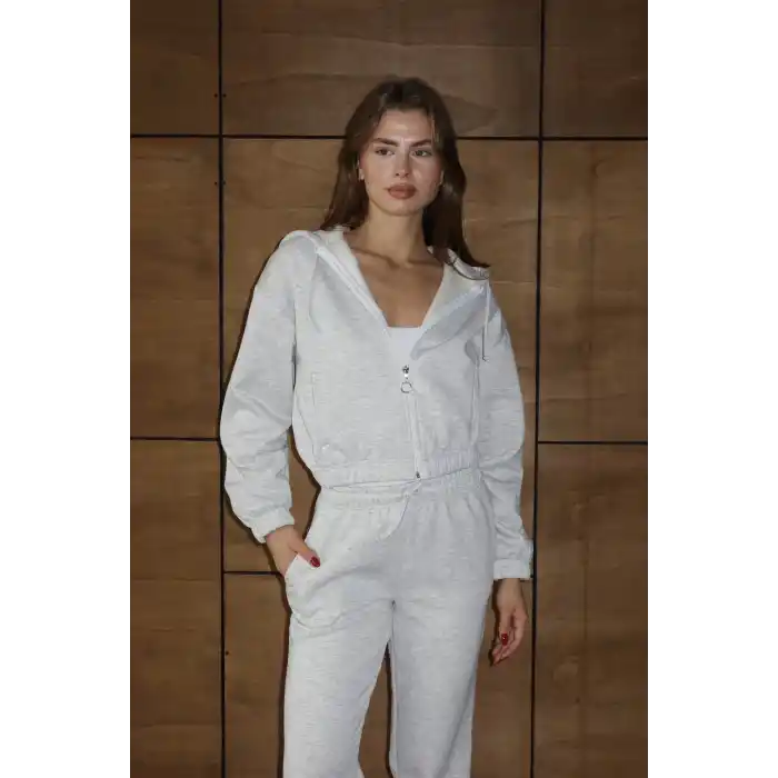 3 iplik şardonlu Kapşonlu fermuarlı kısa üst gri pat8590