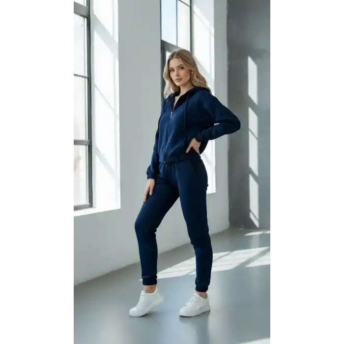 3 iplik şardonlu Kapşonlu fermuarlı kısa üst lacivert pat8590