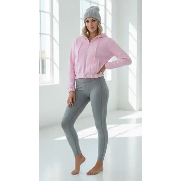 3 iplik şardonlu Kapşonlu fermuarlı kısa üst pembe pat8590