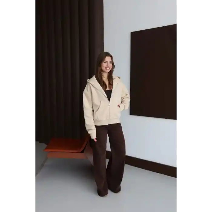 3 iplik şardonlu kapşonlu hoodie frm bej p510437