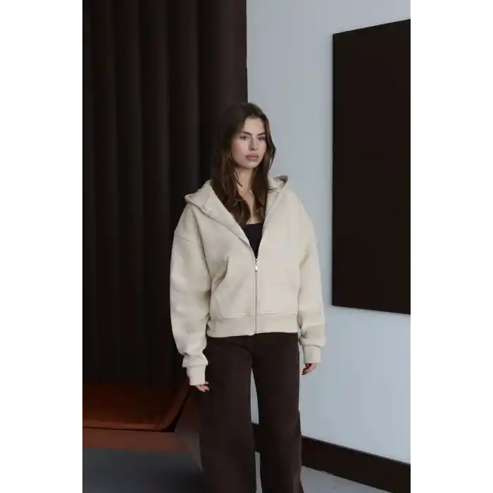 3 iplik şardonlu kapşonlu hoodie frm bej p510437