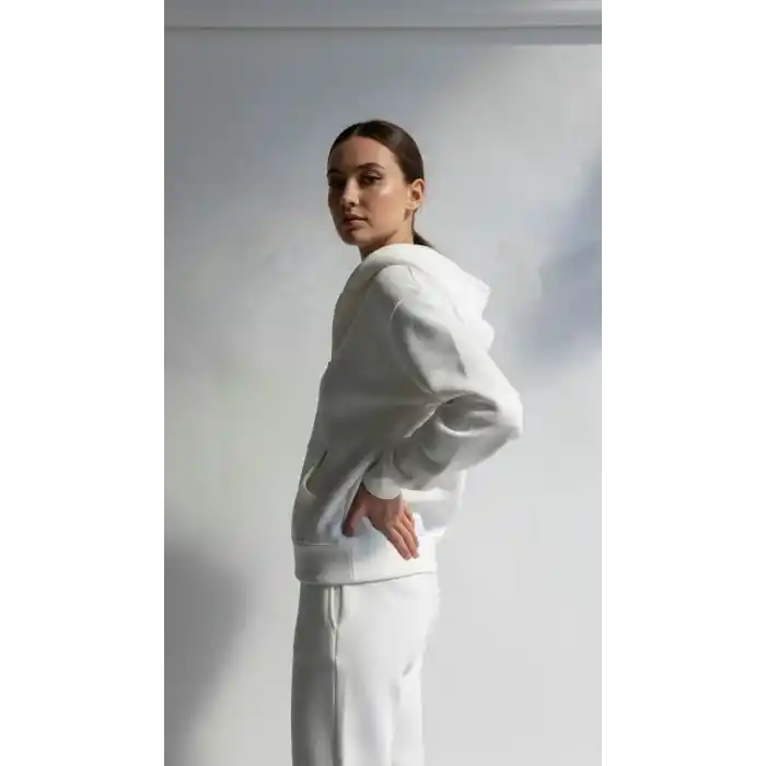 3 iplik şardonlu kapşonlu hoodie frm beyaz p510437