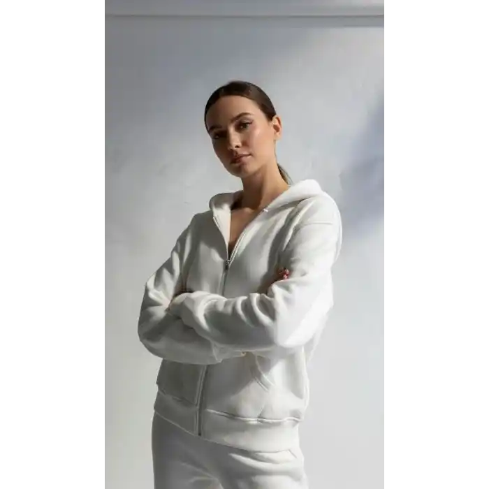 3 iplik şardonlu kapşonlu hoodie frm beyaz p510437