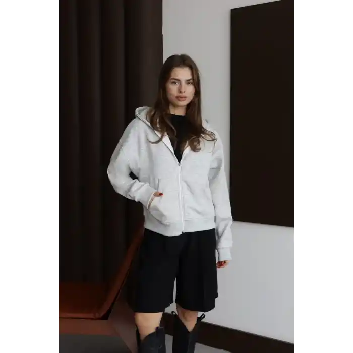 3 iplik şardonlu kapşonlu hoodie frm gri p510437