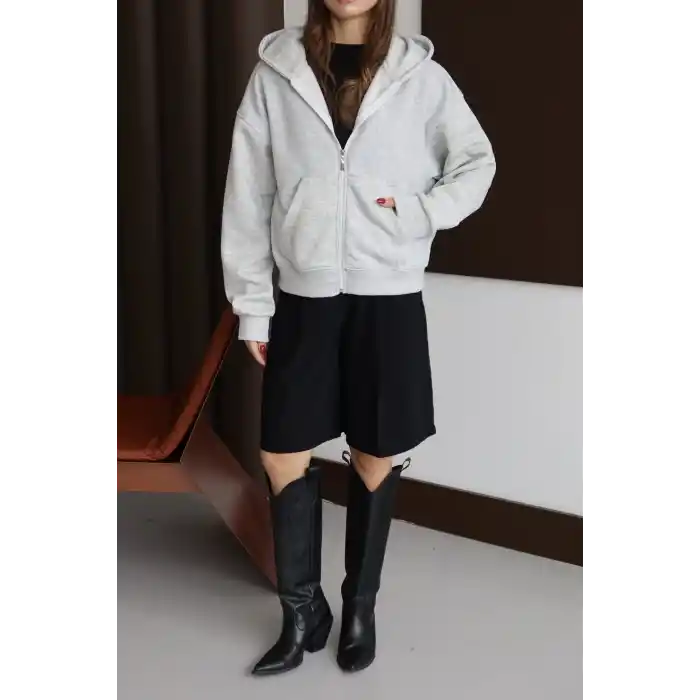3 iplik şardonlu kapşonlu hoodie frm gri p510437
