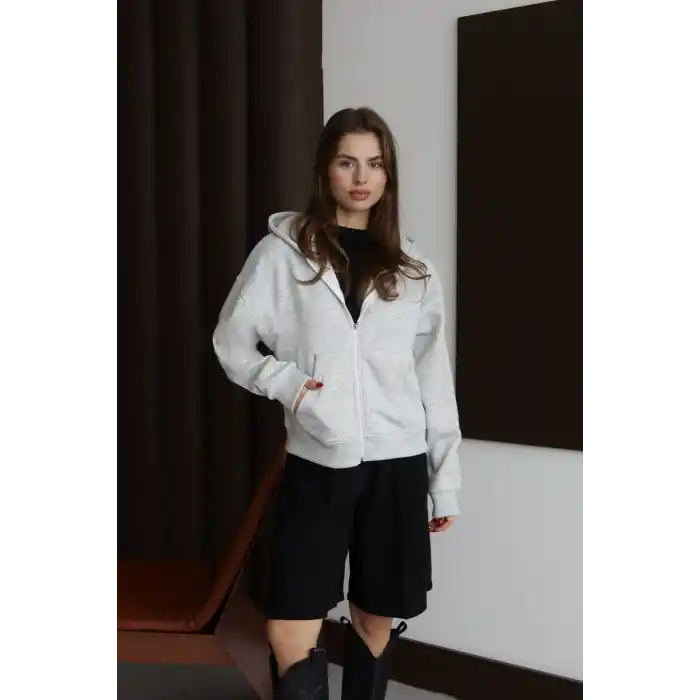 3 iplik şardonlu kapşonlu hoodie frm gri p510437