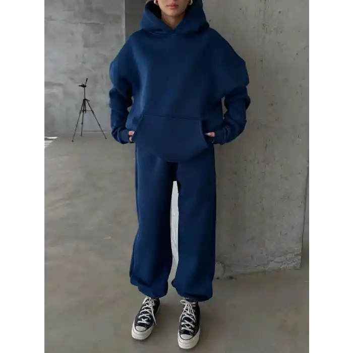 3 iplik şardonlu kapşonlu sweatshirt lacivert p510436