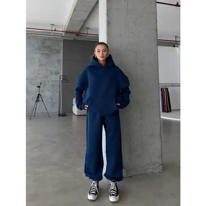 3 iplik şardonlu kapşonlu sweatshirt lacivert p510436