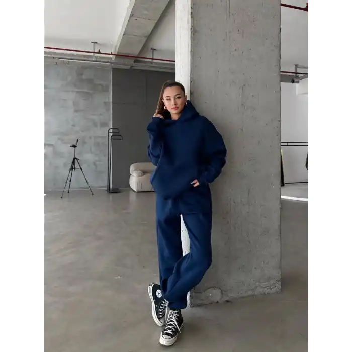 3 iplik şardonlu kapşonlu sweatshirt lacivert p510436