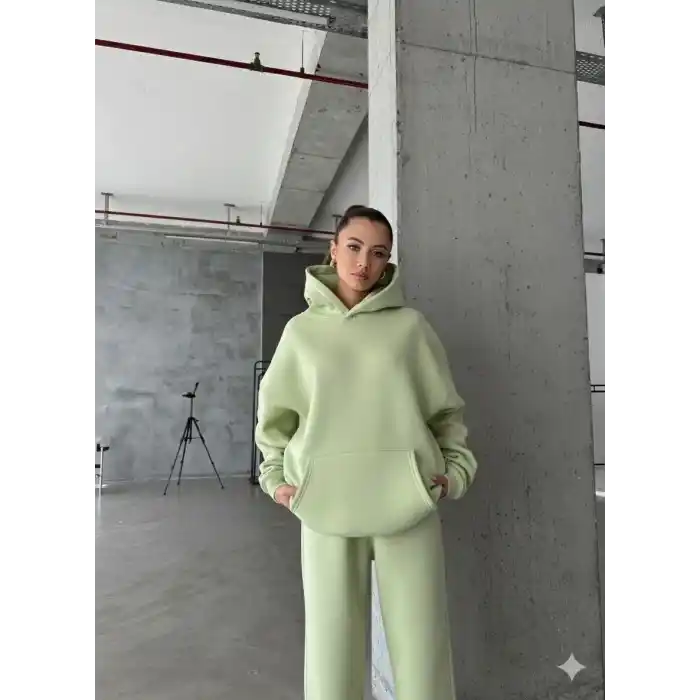 3 iplik şardonlu kapşonlu sweatshirt mint p510436