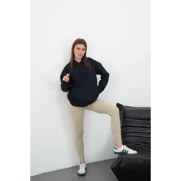 3 iplik şardonlu kapşonlu swetshirt lacivert md63