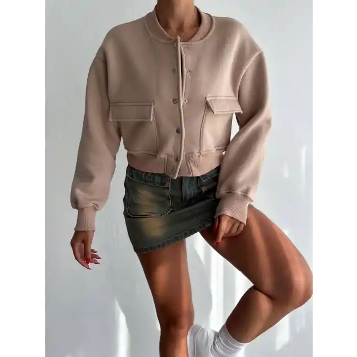 3 iplik şardonlu Önü çıtçıtlı cepli ceket bej f2226