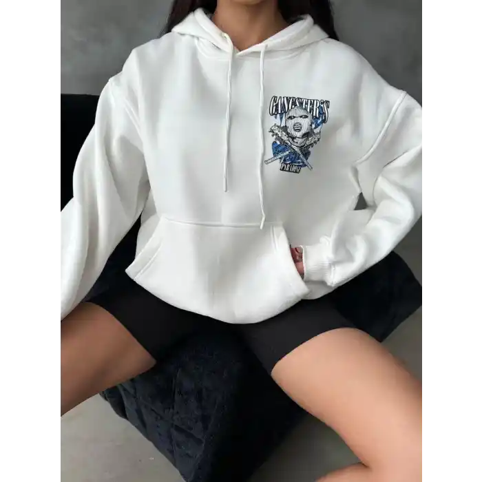 3 iplik şardonlu oversize kafa baskılı sweat beyaz