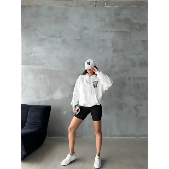 3 iplik şardonlu oversize kafa baskılı sweat beyaz