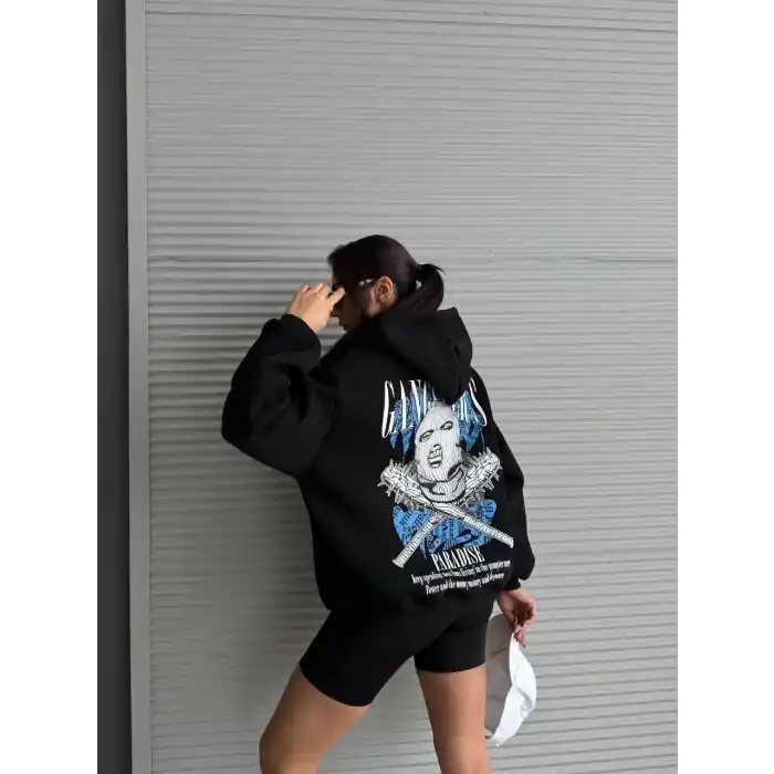 3 iplik şardonlu oversize kafa baskılı sweat siyah