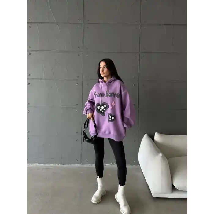 3 iplik şardonlu oversize true baskılı sweat mor