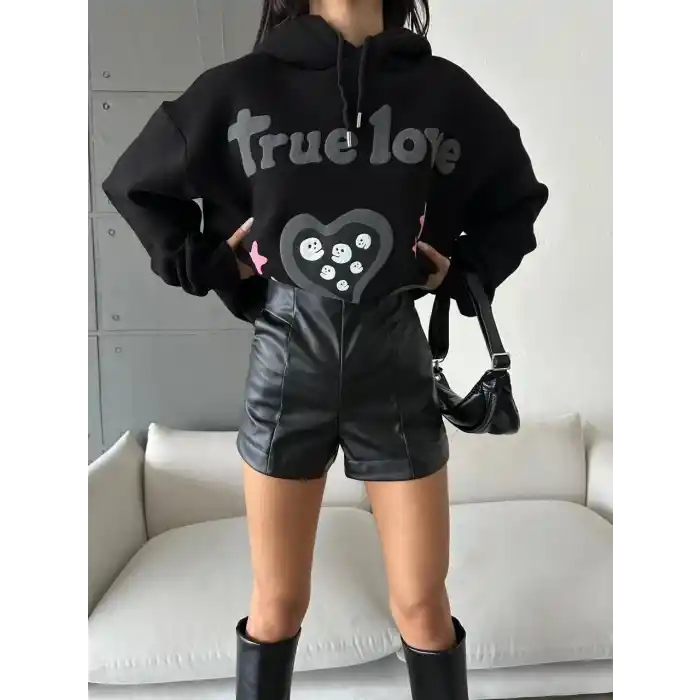 3 iplik şardonlu oversize true baskılı sweat siyah