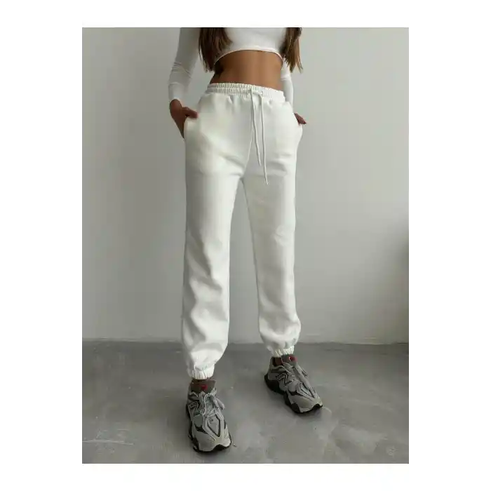 3 iplik şardonlu paça lastikli eşofman beyaz is001