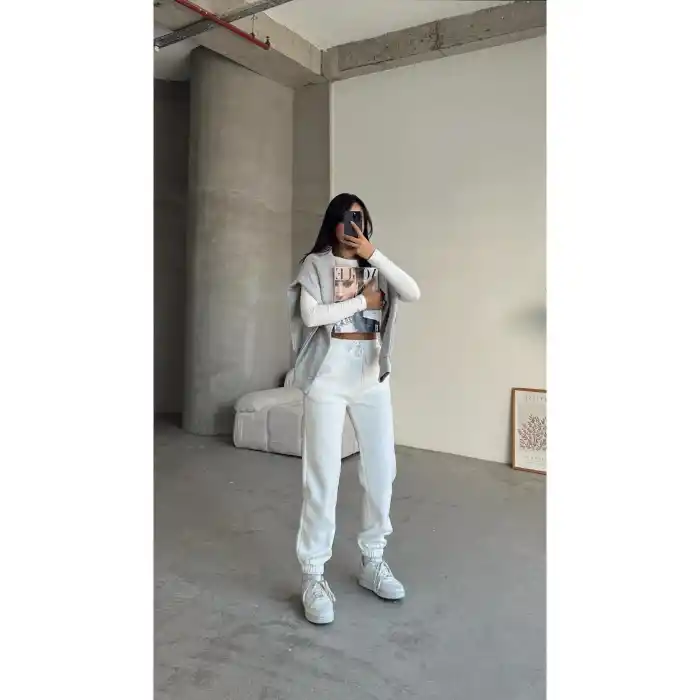 3 iplik şardonlu paça lastikli eşofman beyaz is001