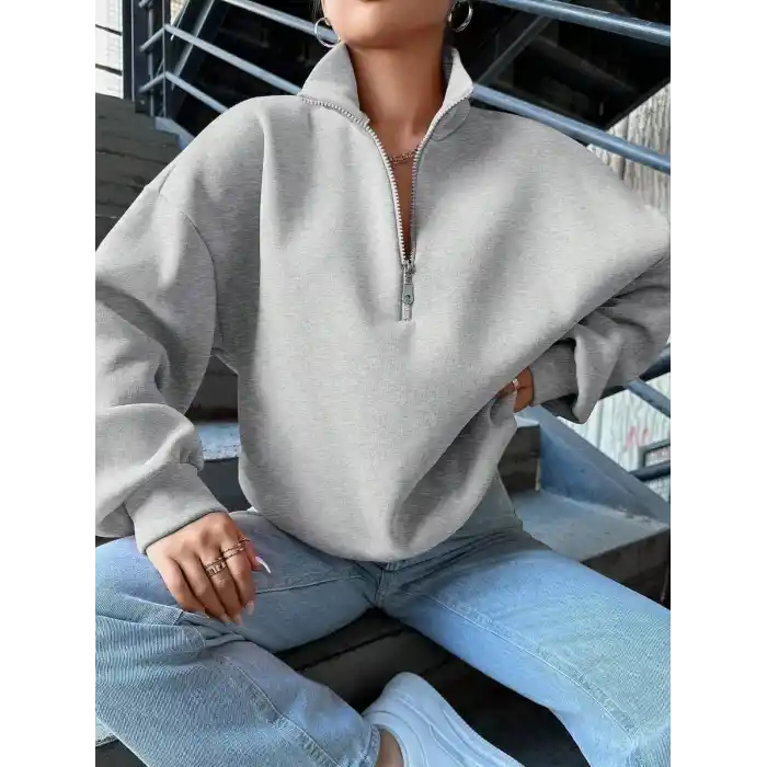 3 iplik Şardonlu yarım fermuarlı sweatshirt gri