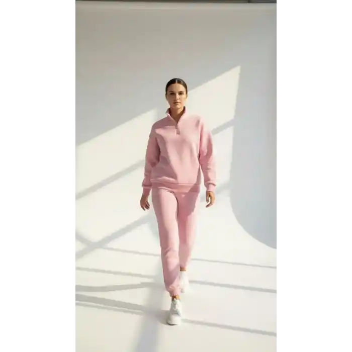 3 iplik Şardonlu yarım fermuarlı sweatshirt somon