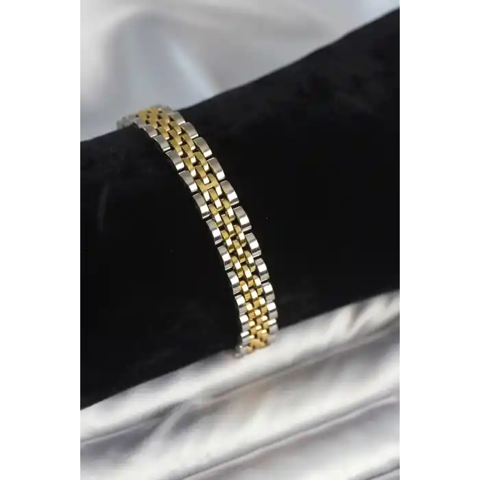316L Çelik 9 mm Kalınlıkta Gold ve Gümüş Renkli Erkek Bileklik