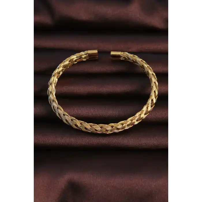 316L Çelik Altın Renk Kalın Yassı Örgü Model Erkek Bileklik
