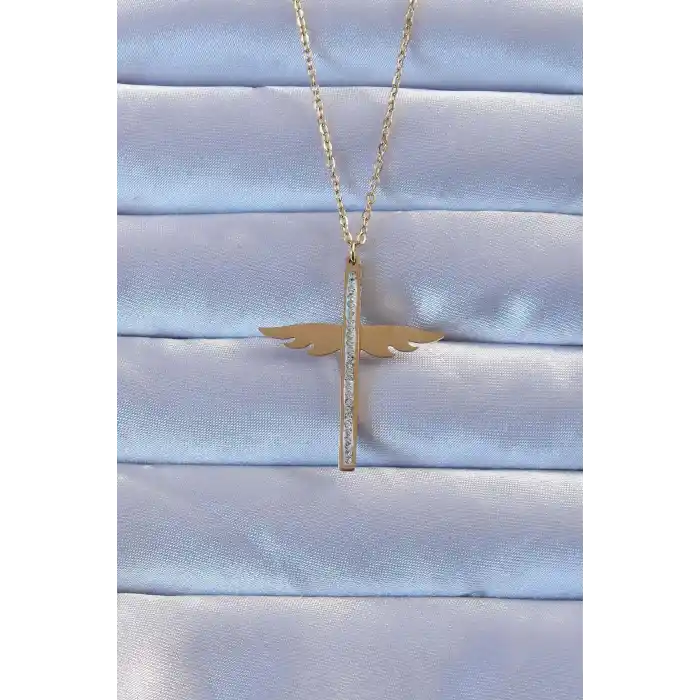 316L Çelik Altın Renk Zirkon Taşlı Mikail Kolye