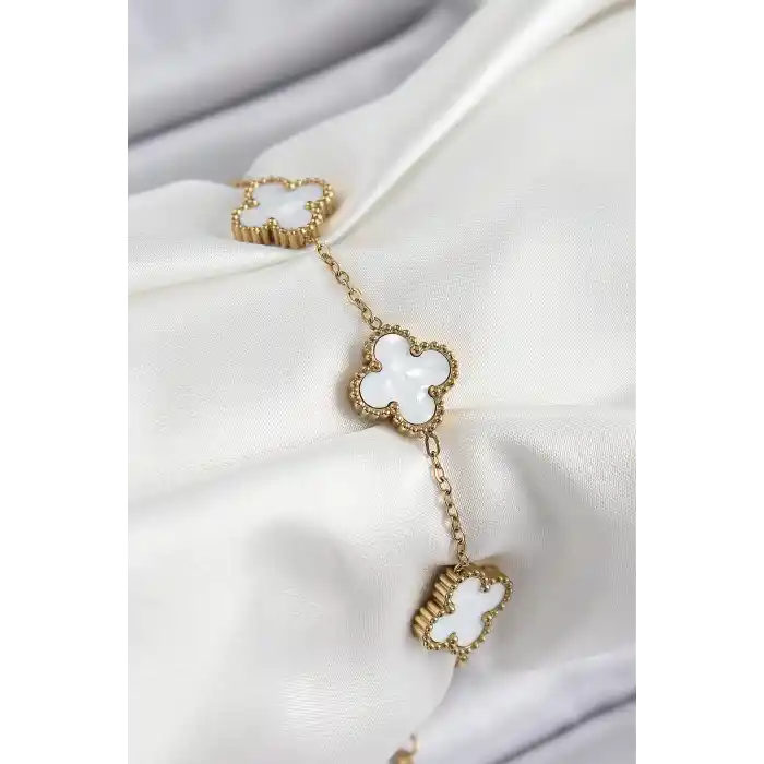 316L Çelik Beyaz Sedef Yonca Model Gold Renk Kadın Bileklik