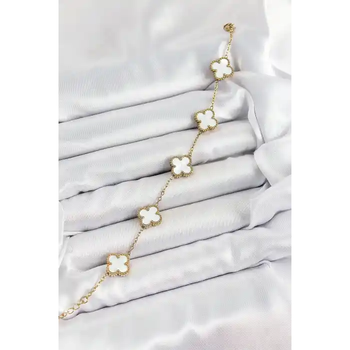 316L Çelik Beyaz Sedef Yonca Model Gold Renk Kadın Bileklik