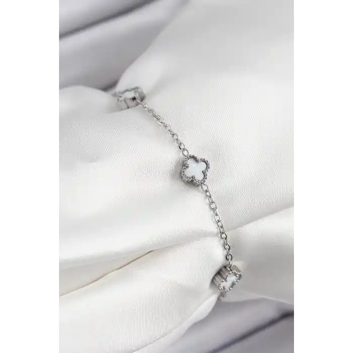 316L Çelik Beyaz Sedef Yonca Model Gümüş Renk Kadın Bileklik