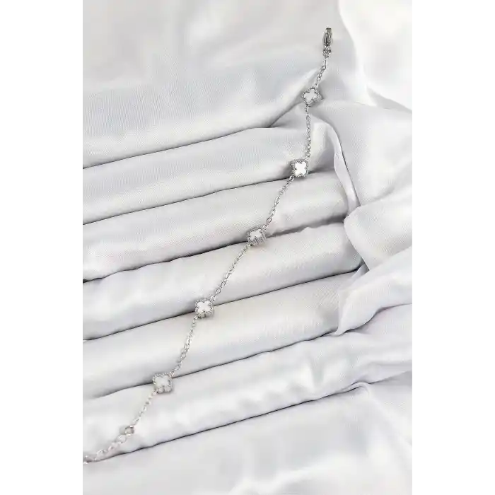 316L Çelik Beyaz Sedef Yonca Model Gümüş Renk Kadın Bileklik