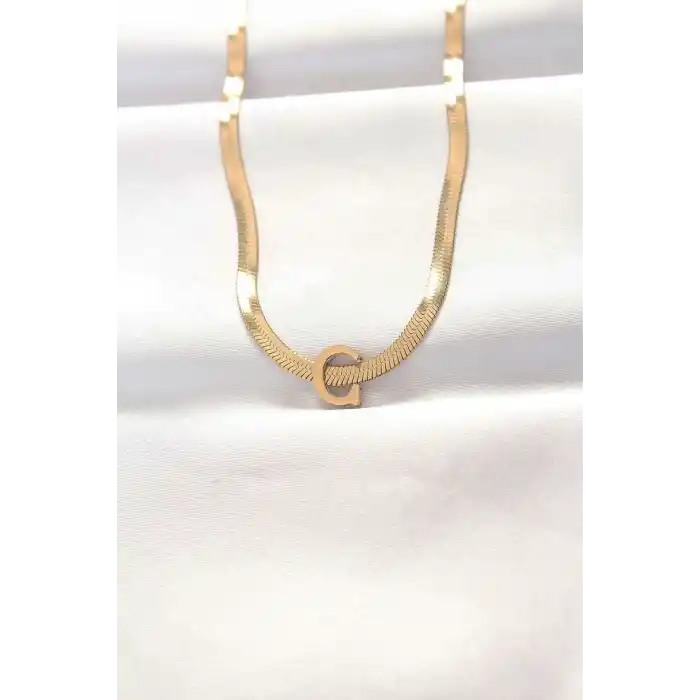316L Çelik C Harfli Gold Renk İtalyan Zincirli Kolye
