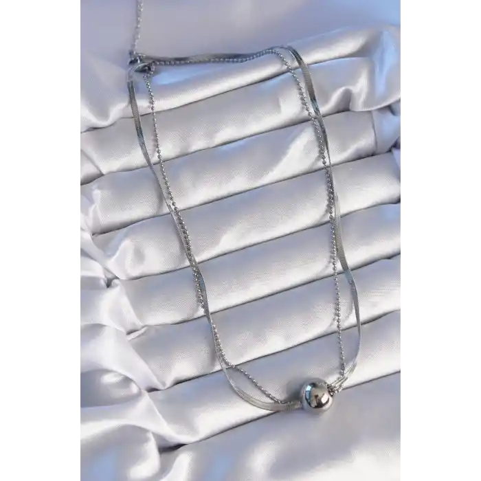 316L Çelik Çift Zincirli Gümüş Renk Topçuk İtalyan Model Kolye