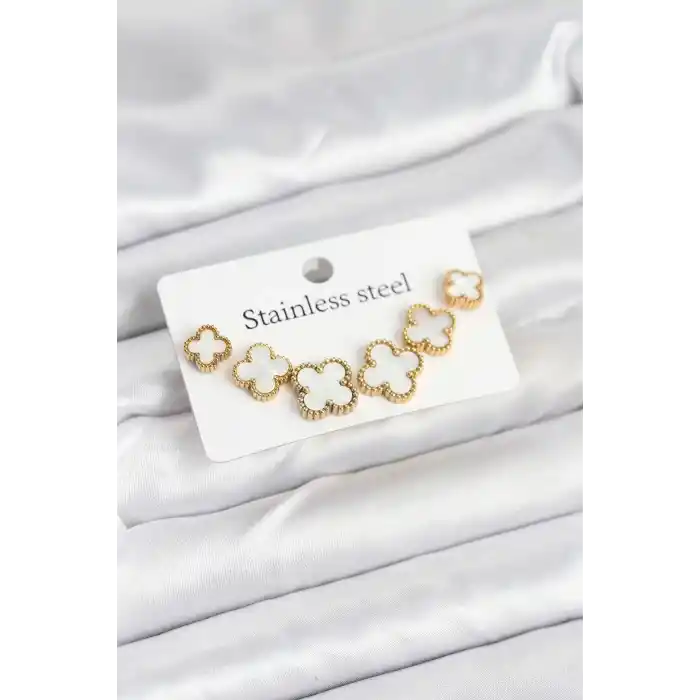 316L Çelik Gold Beyaz Renk 3 Boy Yonca Küpe Seti